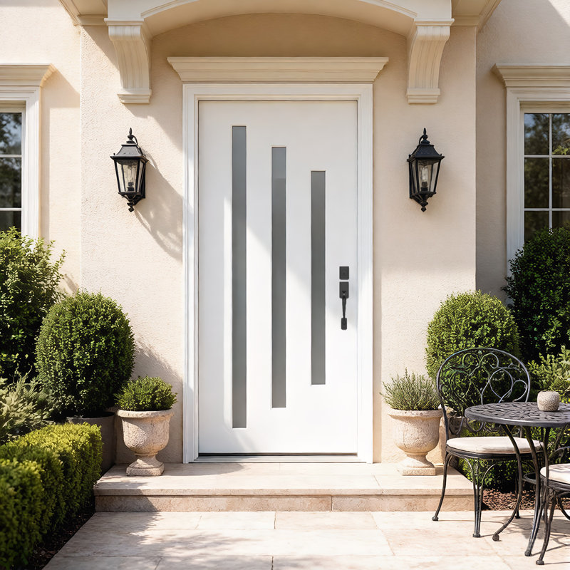 Porte d'entrée moderne en fibre de verre blanc 36 po x 80 po avec design vertical en verre givré
