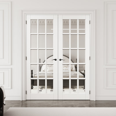 64" x 80" 15-Lite Clear Glass Interior French Door with Black Hardware & Latch & Door Lever, Tempered Glass Door Slab with Safety, Paintable & Waterproof, Suit for Laundry, Closet Doors, Room Doors, Assembly Required