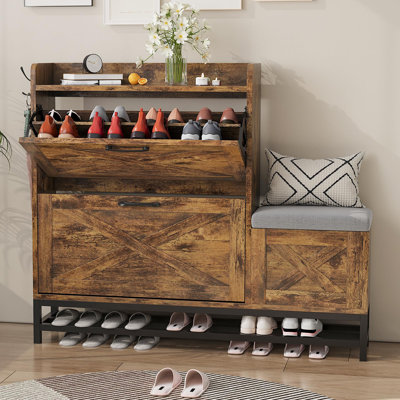 Armoire à chaussures Farmhouse avec banc et tiroirs rabattables - Organisateur de rangement pour chaussures 47,24 po, siège rembourré, pieds en métal à double couche