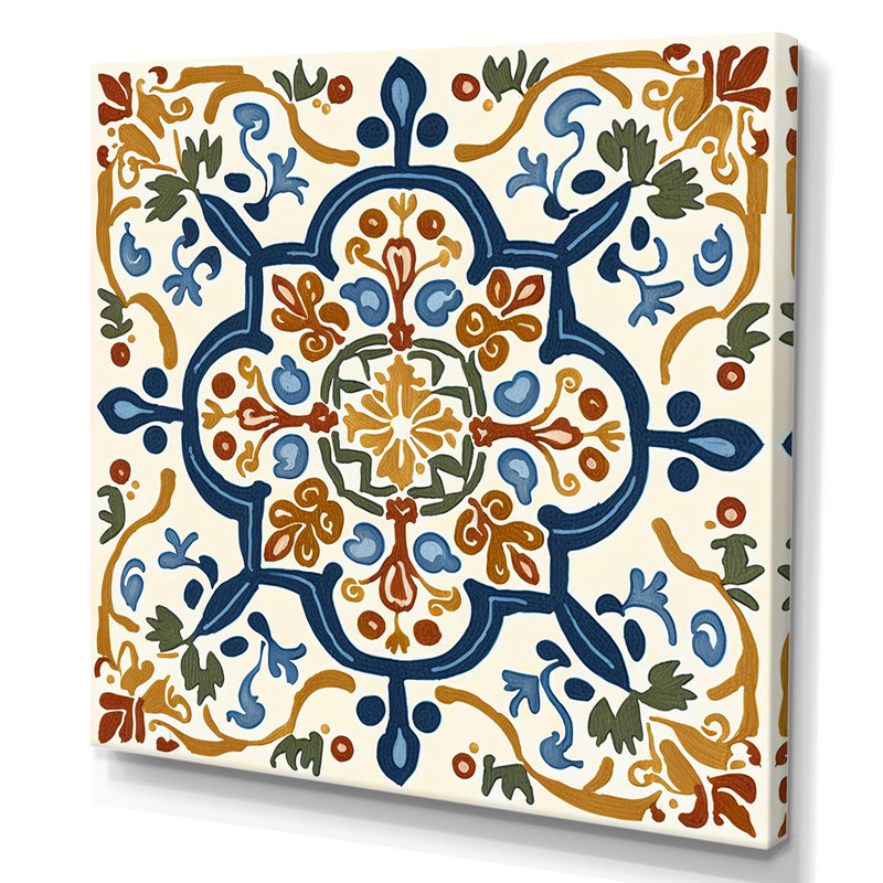 Carrelage méditerranéen rétro bleu IV - art mural abstrait, L 16 po x H 16 po, Toile tendue