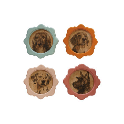 4-Piece Wood Framed Glass Scalloped Wall Décor With Vintage Reproduction Dog Image