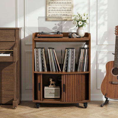23.6" W Rolling CD Storage Cabinet with Charging Station, Record Player Stand, Tambour Door Media Storage Cabinet for CDs & Vinyl Records