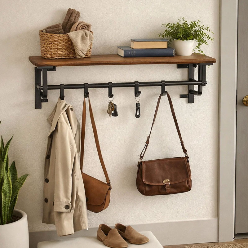 Tovar 26 Inch Industrial Metal Frame Wall Mount Coat Rack, 5 Hooks, 1 Shelf, Rustic Brown, Black, Rustic Brown/Bronze