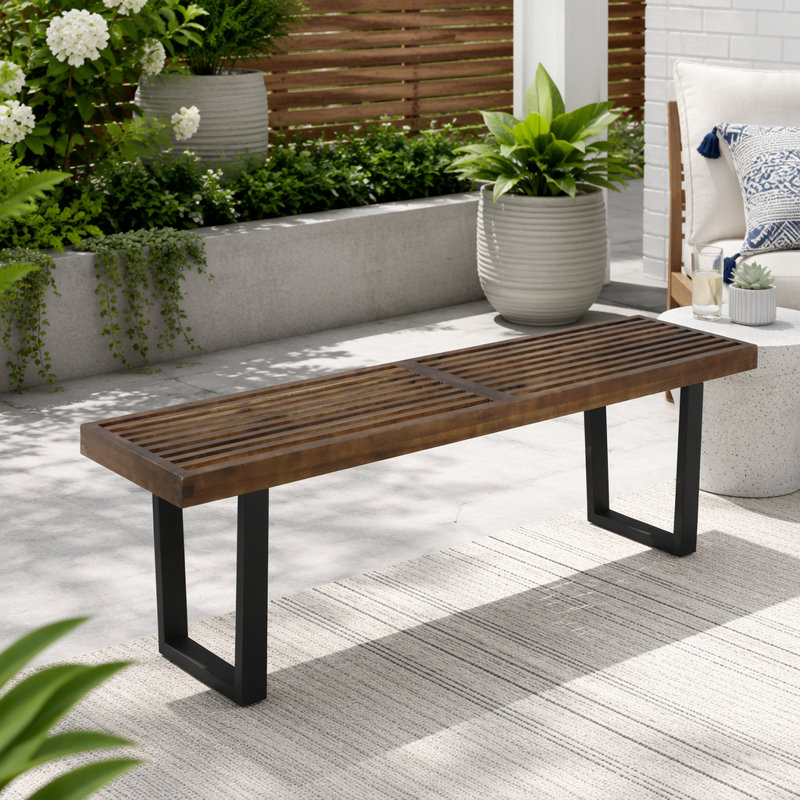 Banc de salle à manger d'extérieur 61,75 pouces avec pieds en bois d'acacia et en fer