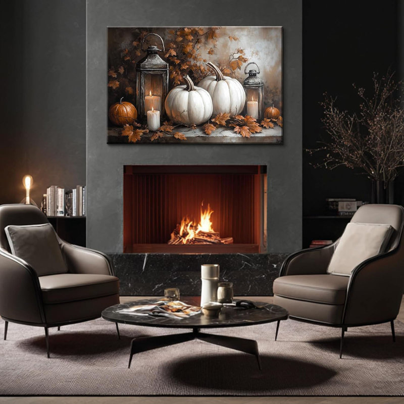Vintage Halloween Canvas Wall Art, Autumn Pumpkin Fall Leaf Pictures Print Wall Decor For Home, Living Room