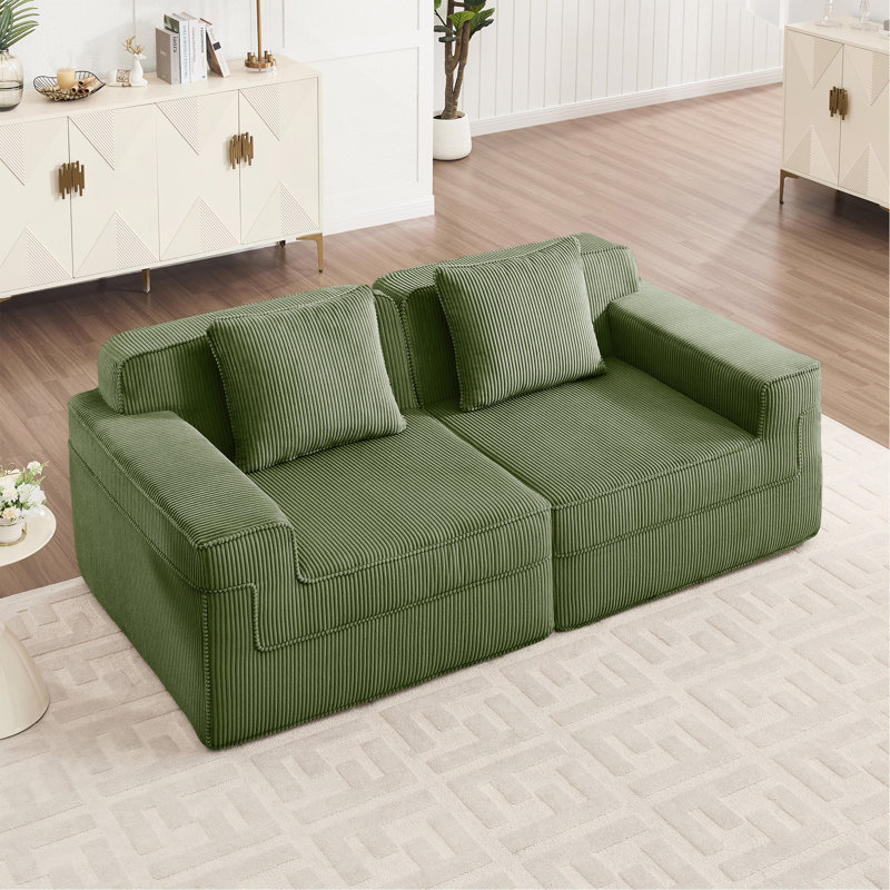 Canapé modulaire à 2 places sans siège, canapé modulaire Cloud avec assise profonde et canapé modulaire moderne à 2 places avec coussins décoratifs Tissu velours côtelé vert