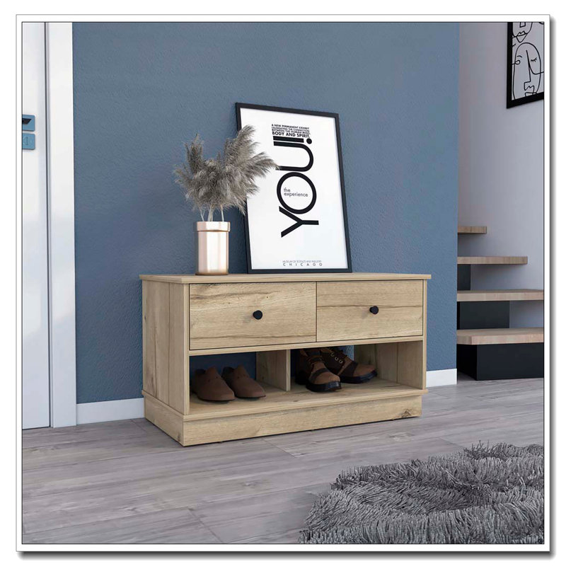 Light Oak Rectangle 2-Shelf 2-Drawer Storage Bench, Light Oak