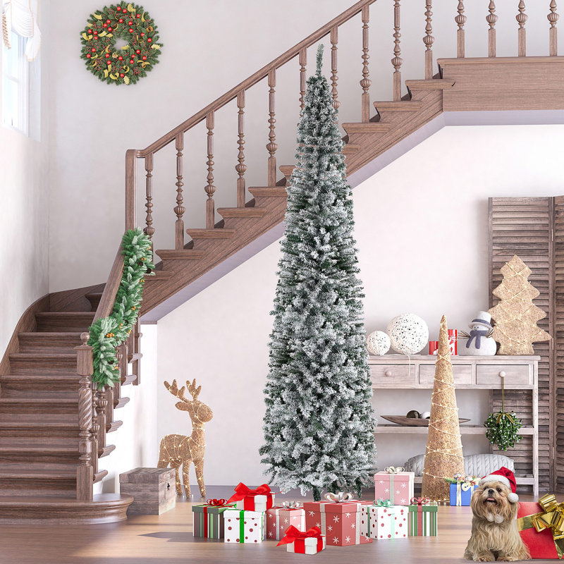 9' Tall Unlit Snow-Flocked Slim Artificial Christmas Tree With Realistic Branches And 1014 Tips, 8.9' H