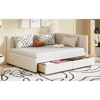 2 Upholstered Daybed In Beige, Solid Wood Construction, No Box Spring, Comfortable Full Size With Linen Fabric, 2 Drawers, Robust Frame, Beige Color