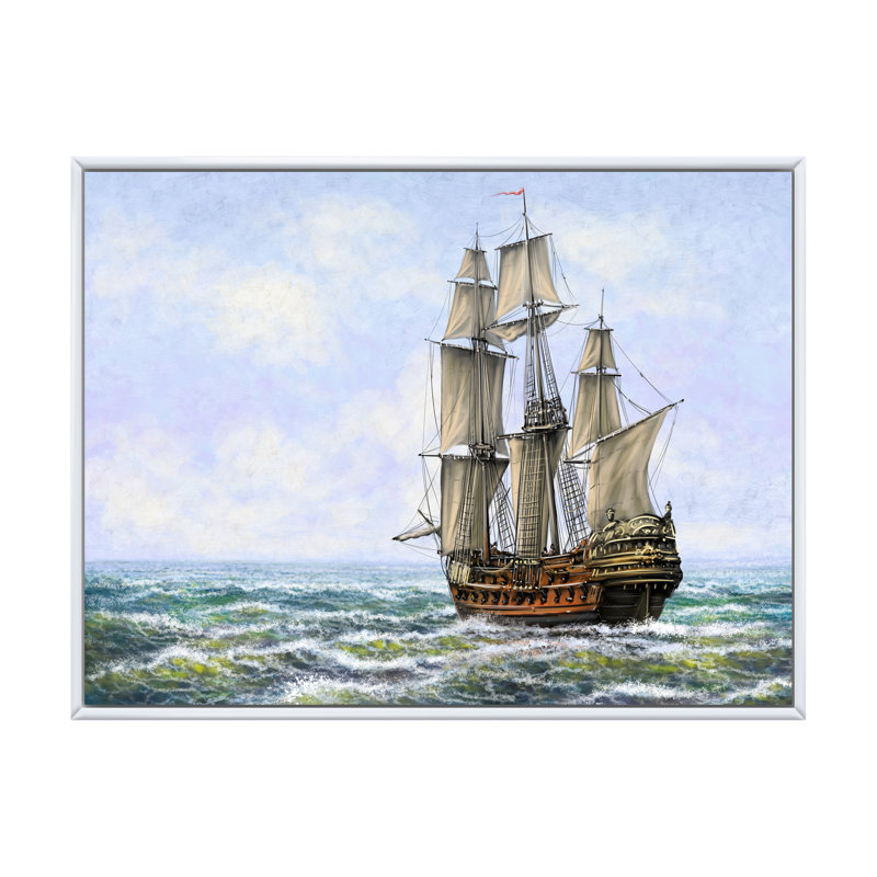 Old Naval Ship I - peinture sur toile, H 24 po x l 36 po x P 1 po, Cadre flottant blanc