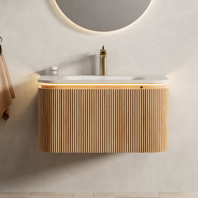 30" Floating Bathroom Vanity | Integrated Travertine Sintered Stone Basin, Sensor LED Light, 3D Striped Natural Wood Cabinet, Soft-Close Drawer