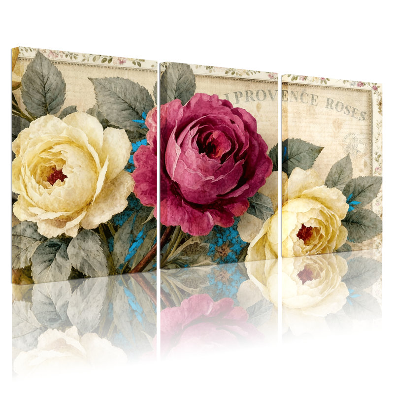 Ensemble de 3 impressions sur toile roses rétro sur fond doux et feuilles, H 24 po x l 48 po