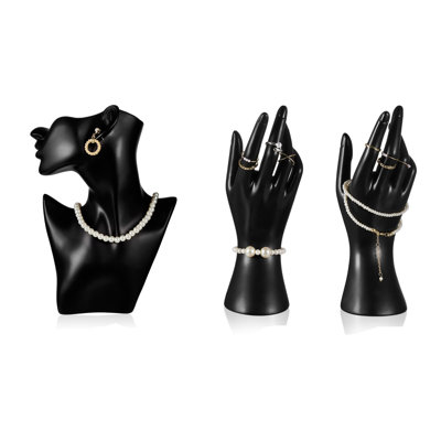 Ensemble de présentoir à bijoux 3 pièces comprenant un porte-buste mannequin et un présentoir à bagues (noir)