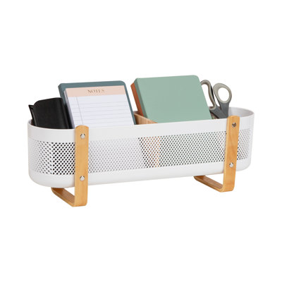  Divided Storage Basket with Legs, Accessory Holder, Desktop Organization, Office, Plastic, 19.25 L x 5.25 W x 6.5 H, White and Brown