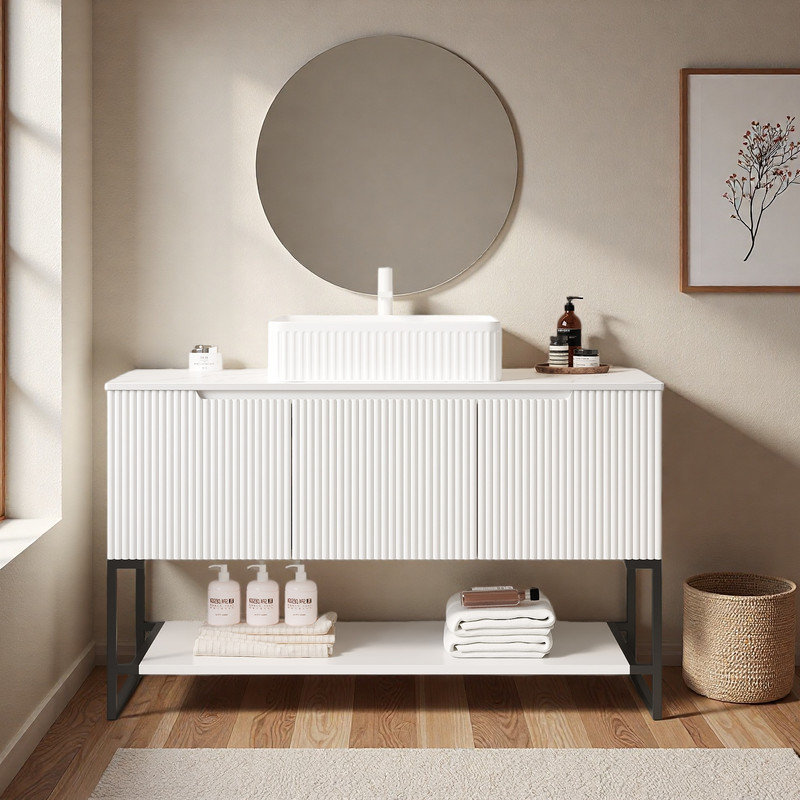 Meuble-lavabo flottant de 48 pouces avec portes cannelées blanches et plateau en pierre frittée en marbre