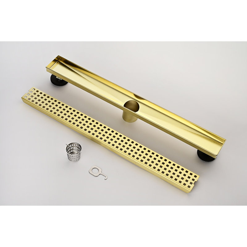 Caniveau de douche linéaire, 61 cm (24 po), acier inoxydable, fini or brossé, avec filtre à cheveux et pieds de nivellement.