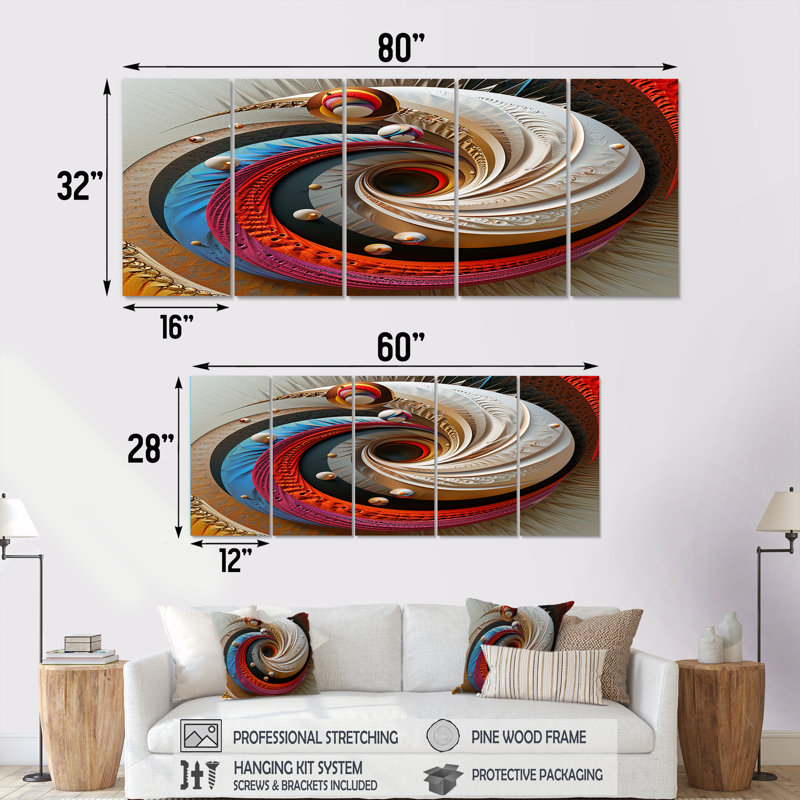 Tourbillon coloré - art mural abstrait en spirale, toile 5 pièces, H 32 po x l 80 po