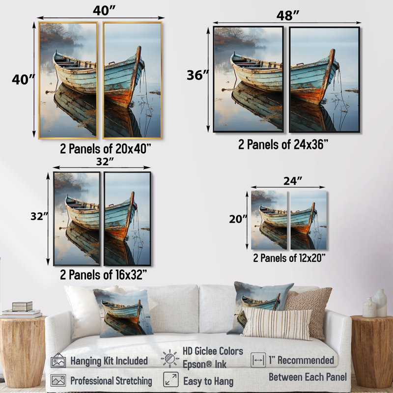 «Boat Serene Waterscapes I», art mural moderne sur toile bleue, 32" H x 32" W, Impression encadrée flottante, White