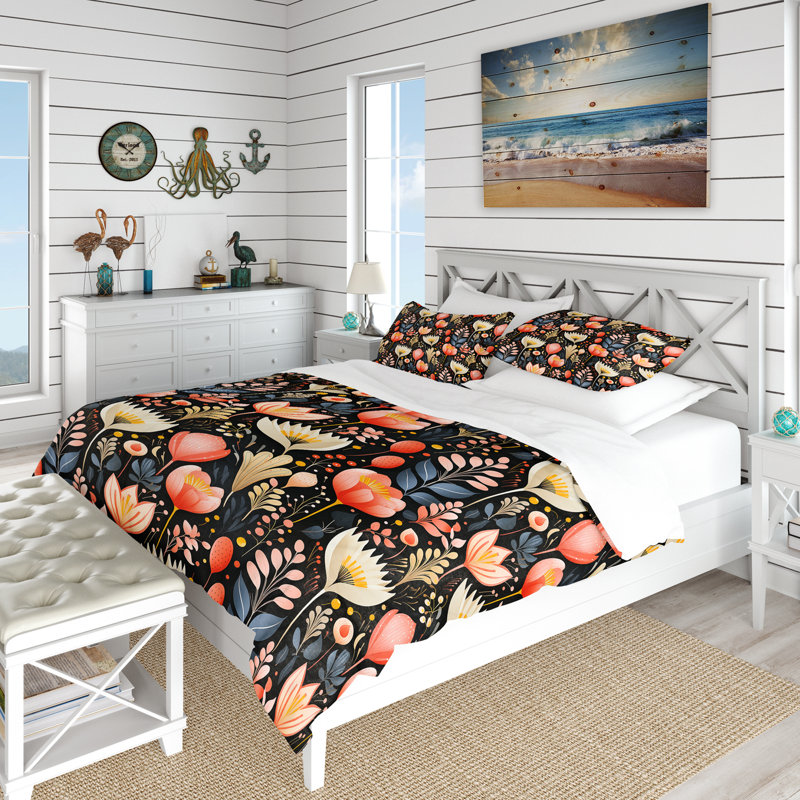 Botanical Multicolor Leaves On Black Pattern I Duvet Cover, King Duvet Cover + 2 King Shams