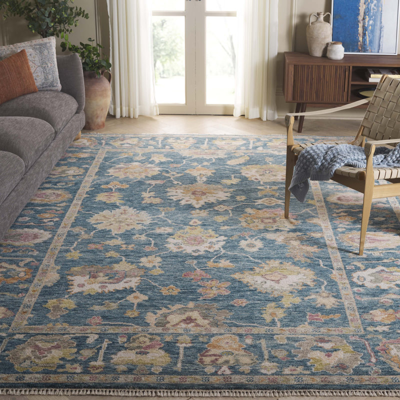 Samarkand 402 laine nouée à la main; Tapis oriental en coton bleu / ivoire, Rectangle 8 pi x 10 pi