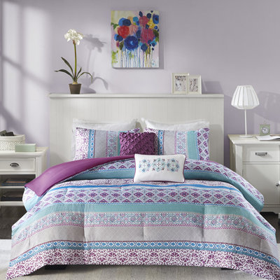 Purple Global Print Twin Comforter, Soft Microfiber, 2 Shams, Decorative Pillows, Fabric Inspired Bedding, Odor Control Treatment