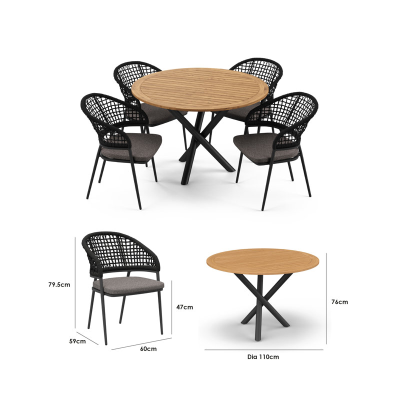 Kiera 4 Seat Round Dining Set, Charcoal