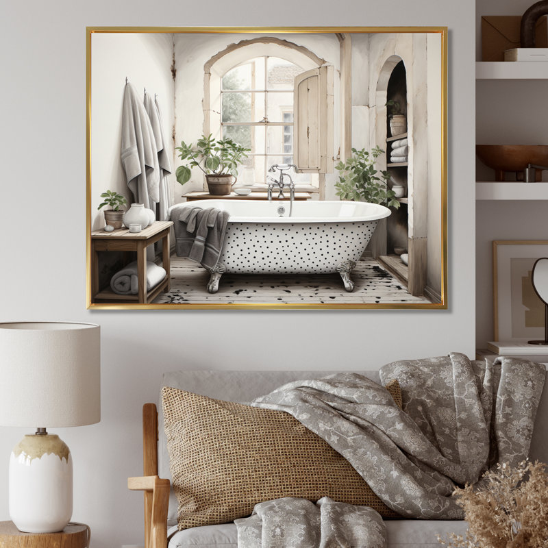 Impression sur toile Minimalisme Bath Of Serenity II - Laundry, H 30 po x l 40 po x P 1,5 po, Cadre flottant doré