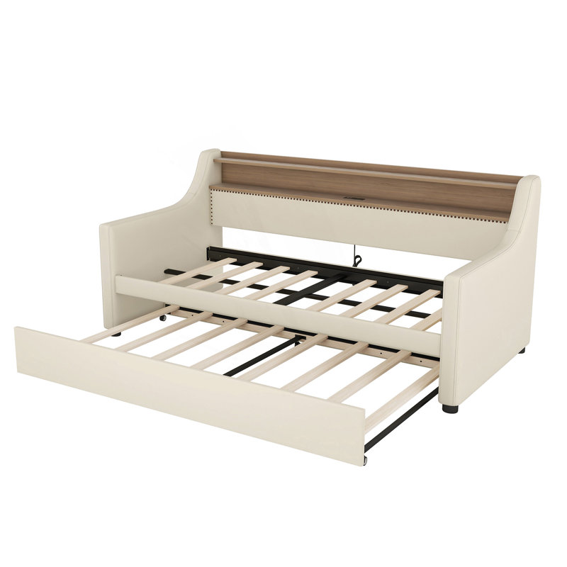 Twin Size Daybed With Trundle, Upholstered In PU Leather With Charging Station And LED Lights, Beige