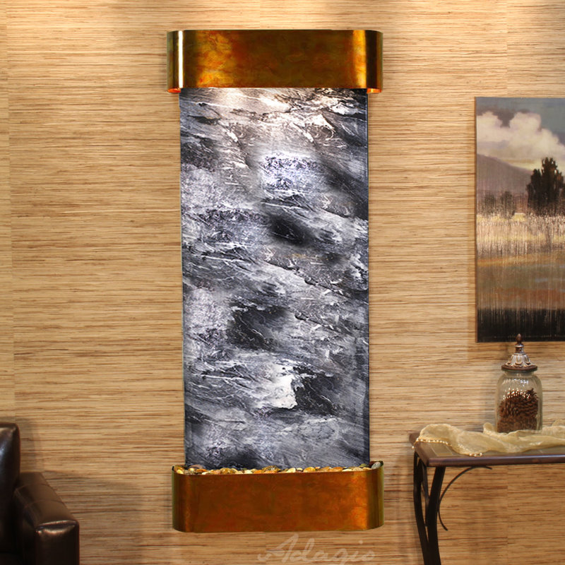 Inspiration Falls Natural Stone Fountain with Light, Black Spider Marble, Rustic Copper
