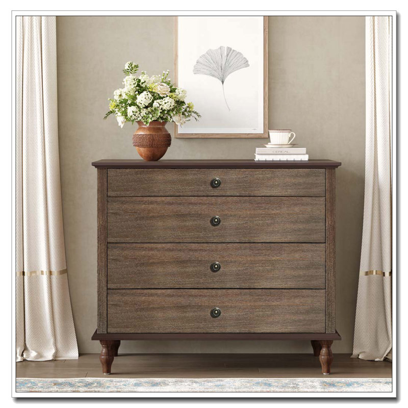 Grande commode à 4 tiroirs avec pied en bois massif, Brun rustique profond