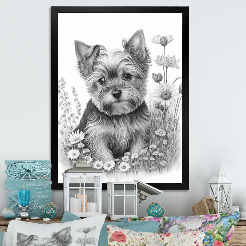 «Cute Yorkshire Dog with Flowers I», reproduction sur toile, L 12 po x H 20 po, Impression noire sur toile encadrée