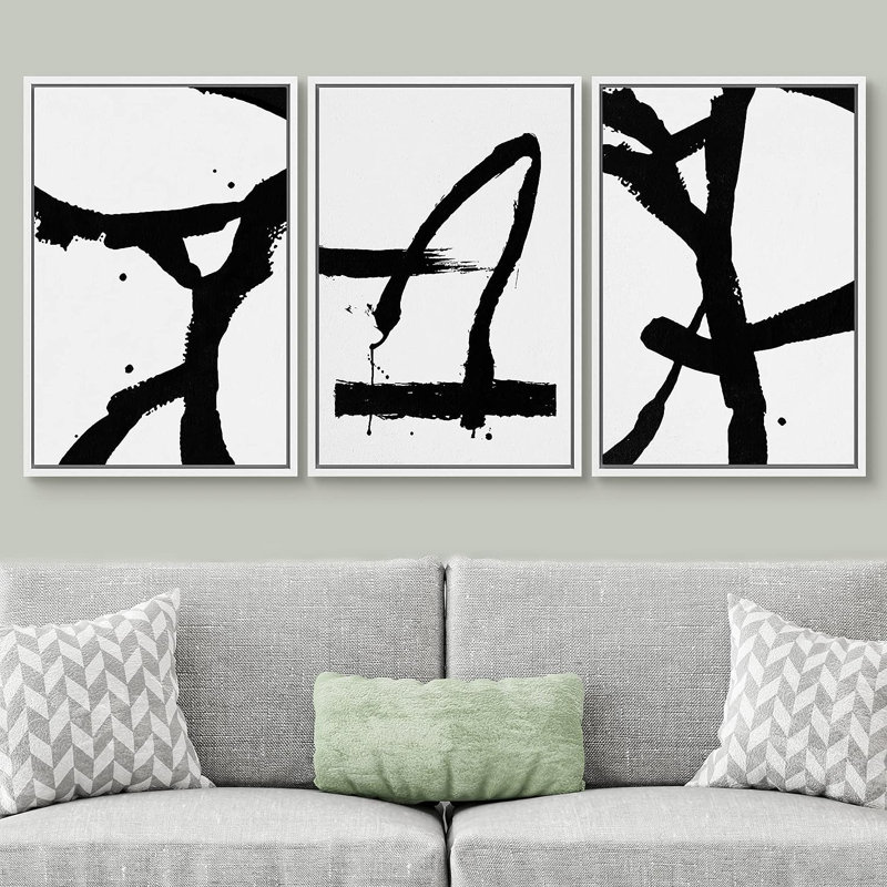 BAW Trio Of Dark Paint Strokes, Abstract Shape Abstract, illustrations encadrées sur toile, 3 pièces, Cadre blanc