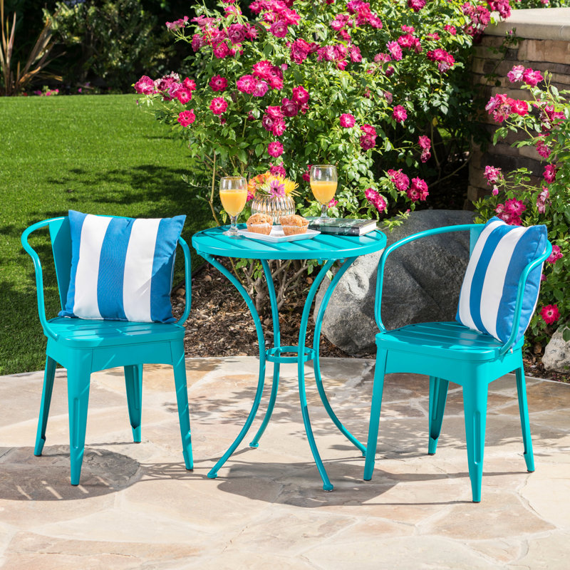 Bistro d'extérieur en métal bleu sarcelle, 3 pièces, thermolaqué, eau, table de 30 po, chaises profondes de 20,5 po, bleu sarcelle, chaises de 20 po, fer à repasser, durable, stable