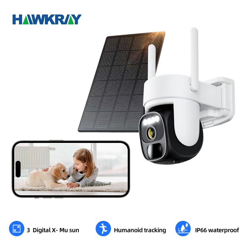 Caméra de sécurité solaire Hawkray - Zoom 3X, résolution 2K, contrôle Pan-Tilt 360 °, audio bidirectionnel 5G / 2,4G WIFIT, sirène, détection de mouvement PIR, étanche IP66