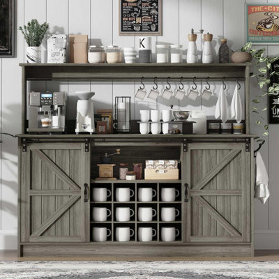 Coffee Bar Cabinet with Storage, 55 Inch Bar with Hutch, Tall Cabinet with Sliding Barn Doors, 12 Racks and 8 Hooks for Living Dining Room by Gracie Oaks