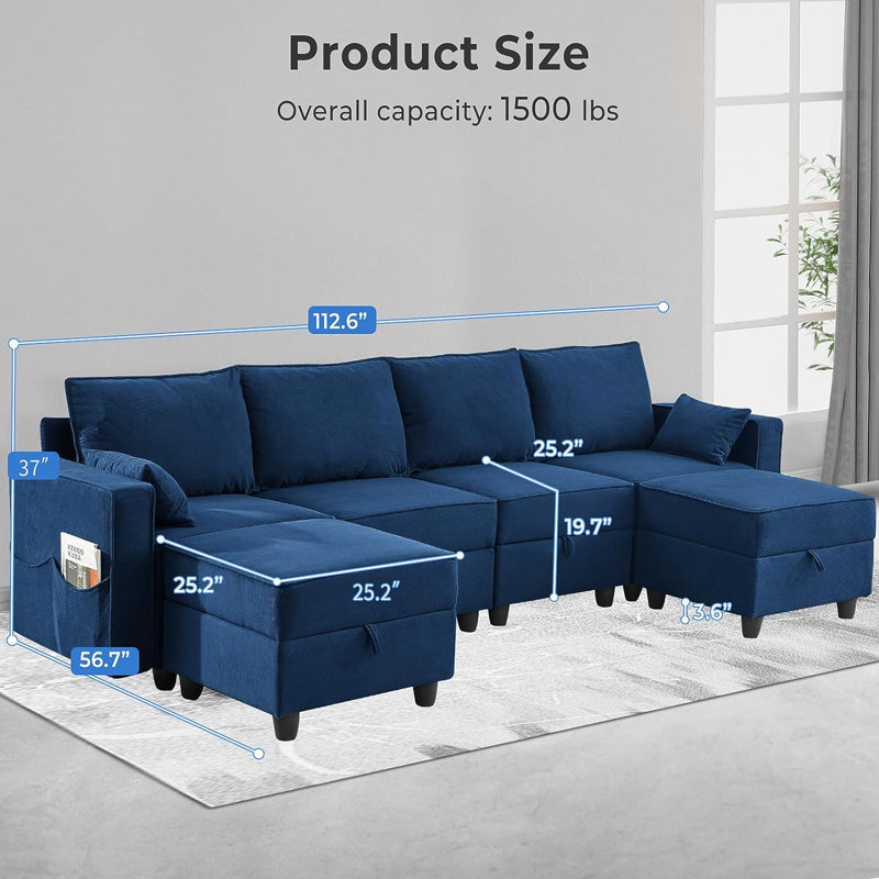 Canapé modulaire rembourré 6 pièces Kenda, Velours côtelé bleu