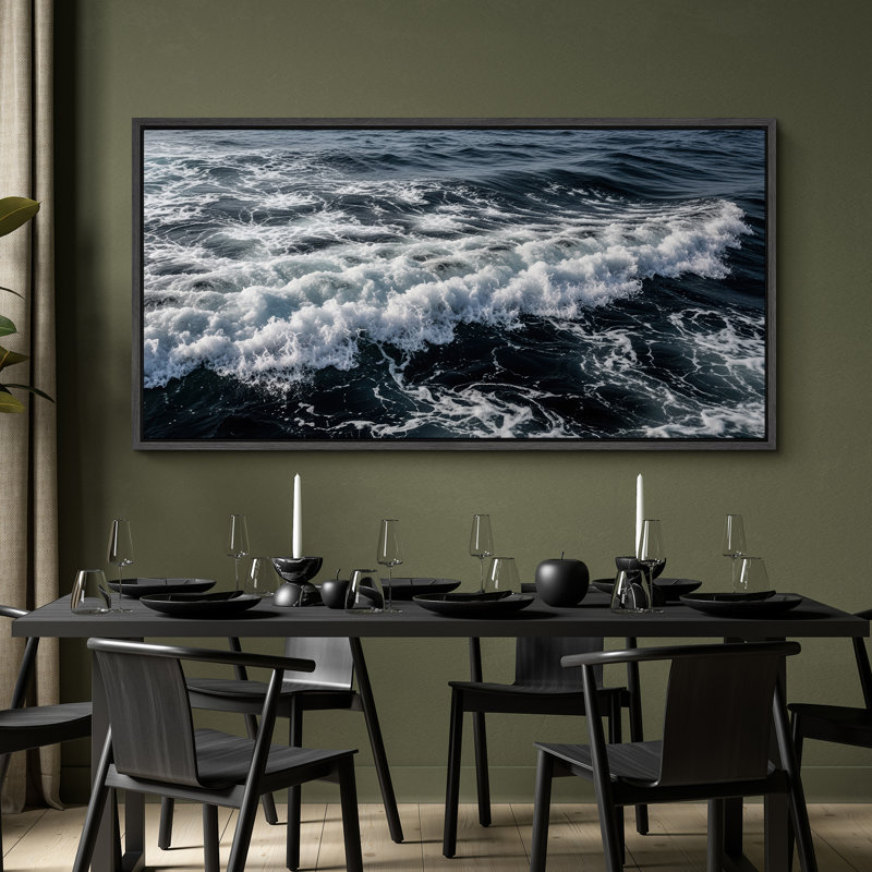 Ocean Surf Waves Framed Canvas Wall Art - Dynamic Coastal Photography for Beach House or Nautical Interiors, 30" H x 60" W