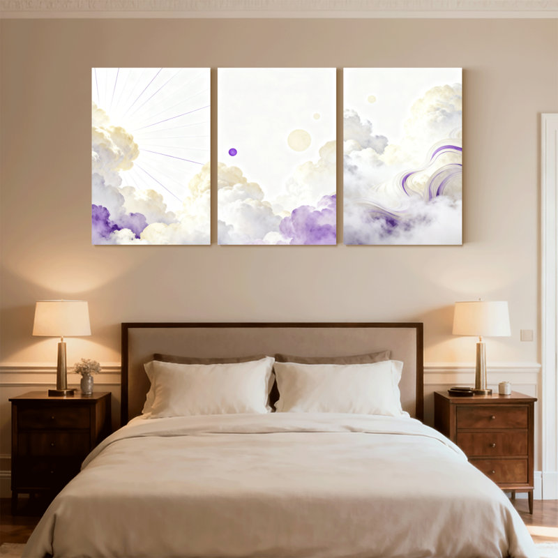Abstrait doux nuages mauves, reflet de la lumière du ciel mauve, ensemble de 3 impressions sur toile, H 18 po x l 36 po