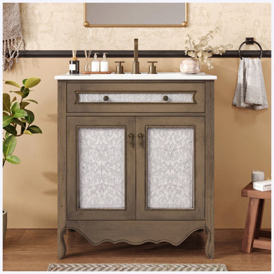Meuble-lavabo antique de 76 cm (30 po) avec lavabo rectangulaire en céramique, plateau basculant, poignées anciennes et pieds en bois d'hévéa, brun clair vintage
