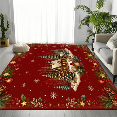 Tapis de Noël de style chalet d'hiver, motif festif Red Wonderland, tapis antidérapant lavable à la machine, décoration intérieure confortable pour le salon, la chambre à coucher et le vestibule