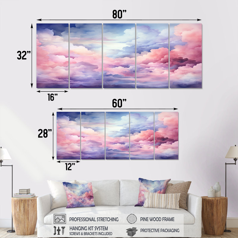 Ensemble de 5 décorations murales roses et bleues pastel Sky I - Sky, H 28 po x l 60 po