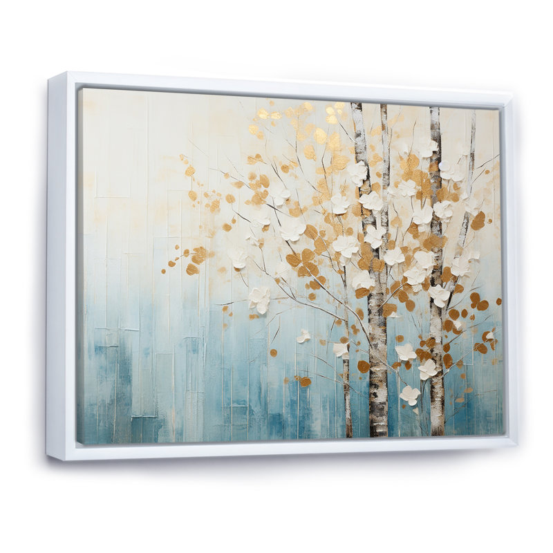Minimalisme bleu et forêt dorée I - art mural forêt, H 34 po x l 44 po x P 1,5 po, Cadre flottant blanc