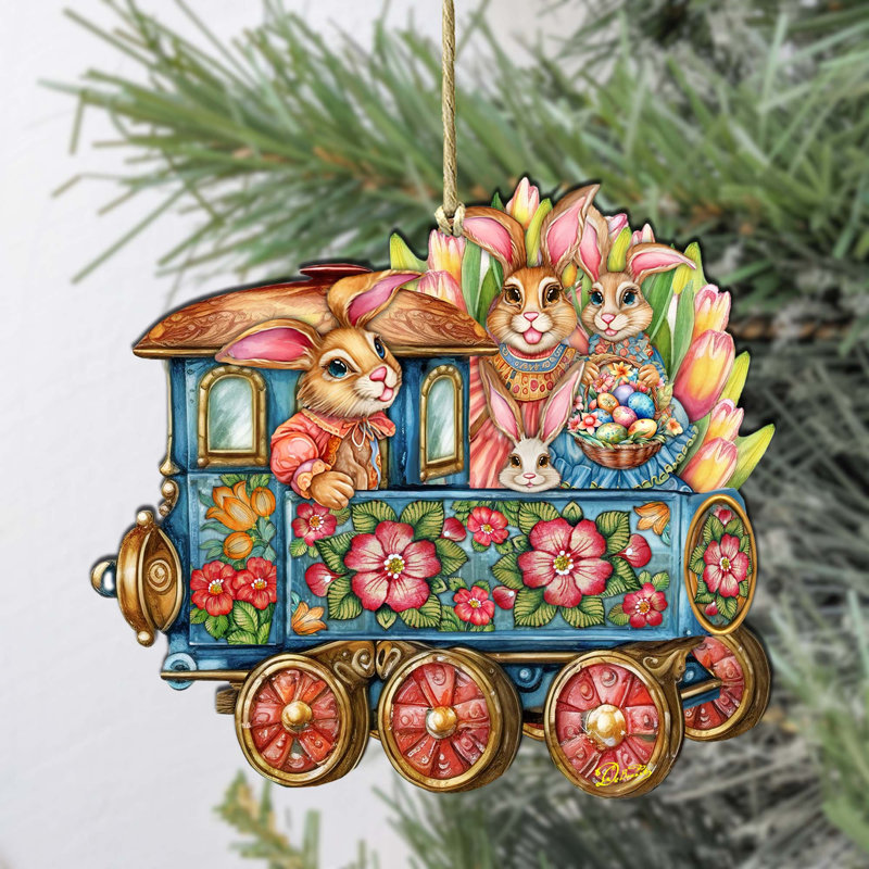 Ornements en bois de train de lapin de Pâques par G. Debrekht
