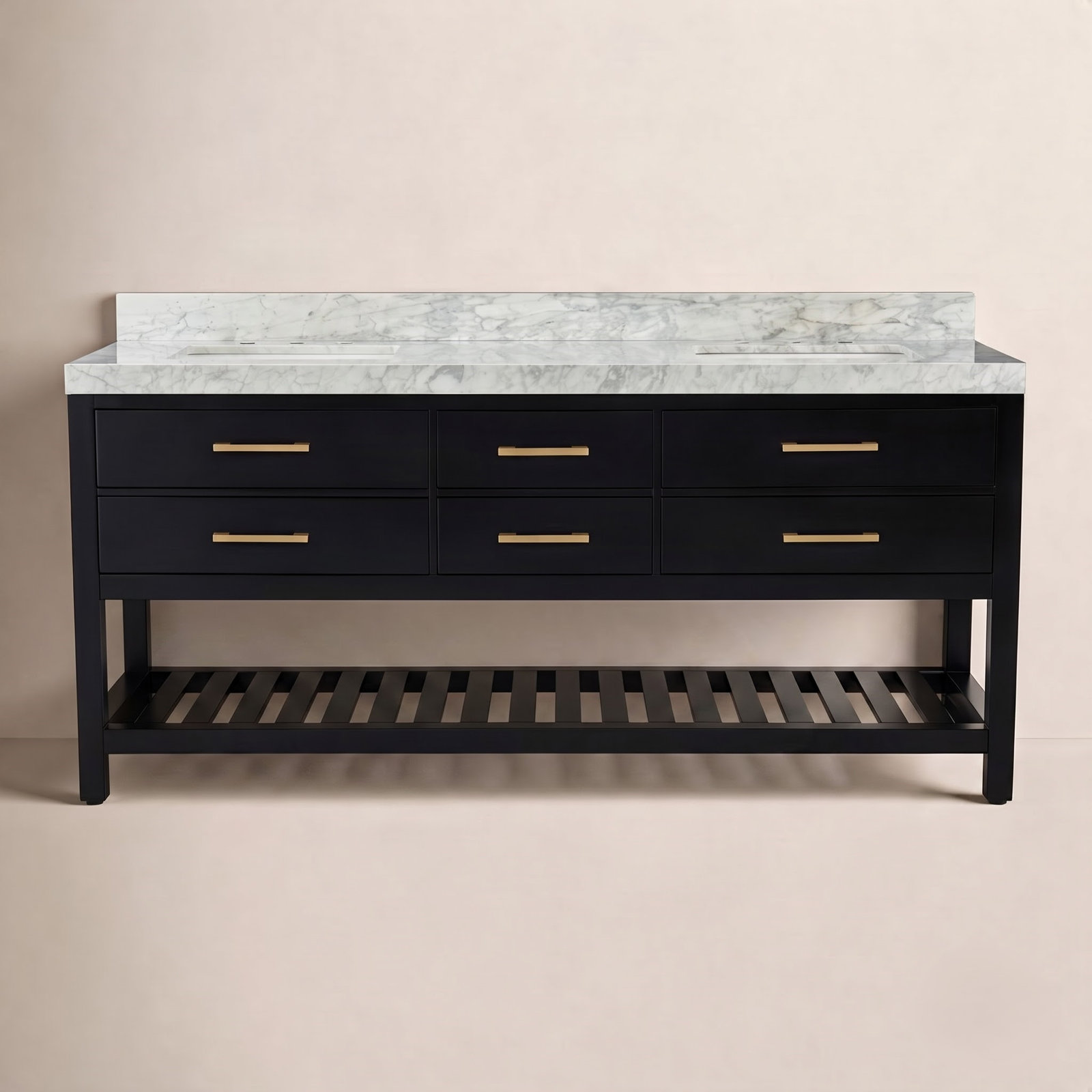 Carrie 72" Carrara Marble Double Bathroom Vanity, Black Onyx | Brushed Gold