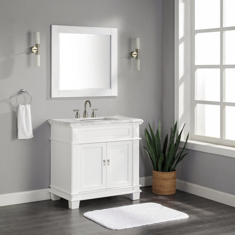 Aiyza 36 in. W x 22 in. Single Sink Freestanding Bath Vanity in Matte White with Carrara Marble Top, White
