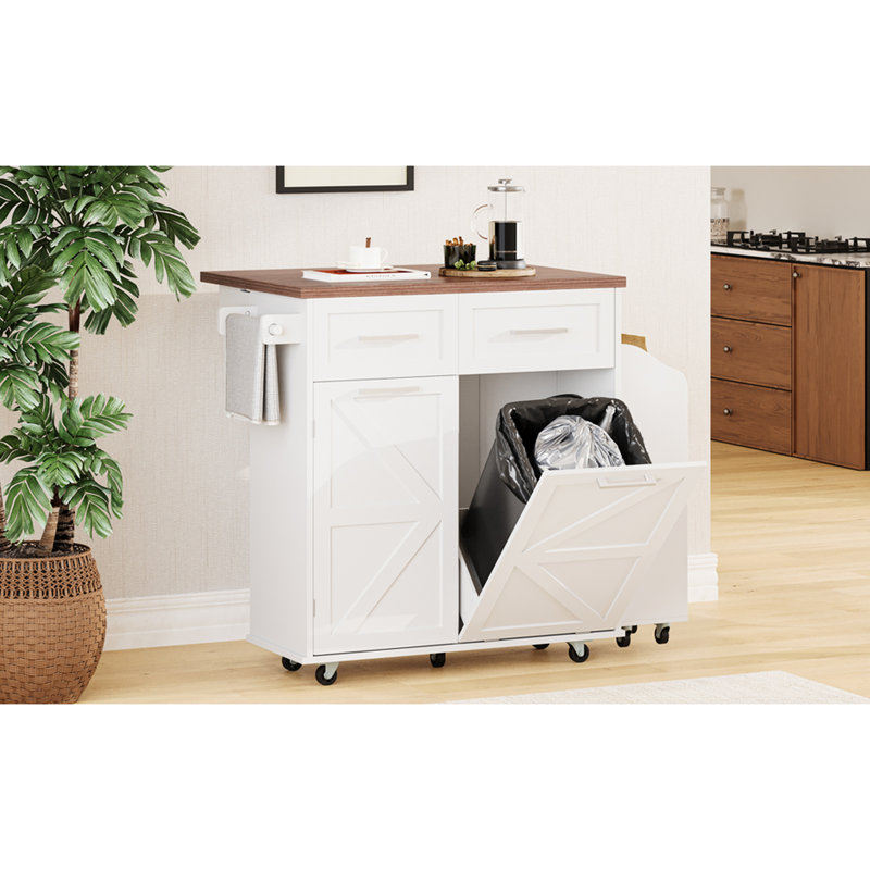 47.2-Inch Rolling Kitchen Island With Drop Leaf, 9 Smooth Rotation Wheels, And Removable Side - Design, Adjustable Shelf, Pot Organizer White Two Drawers, 3 , Trash Can Cabinet