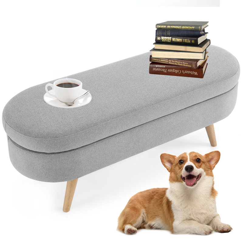 Haruhito Linen Upholstered Storage Bench, Gray/Light Brown