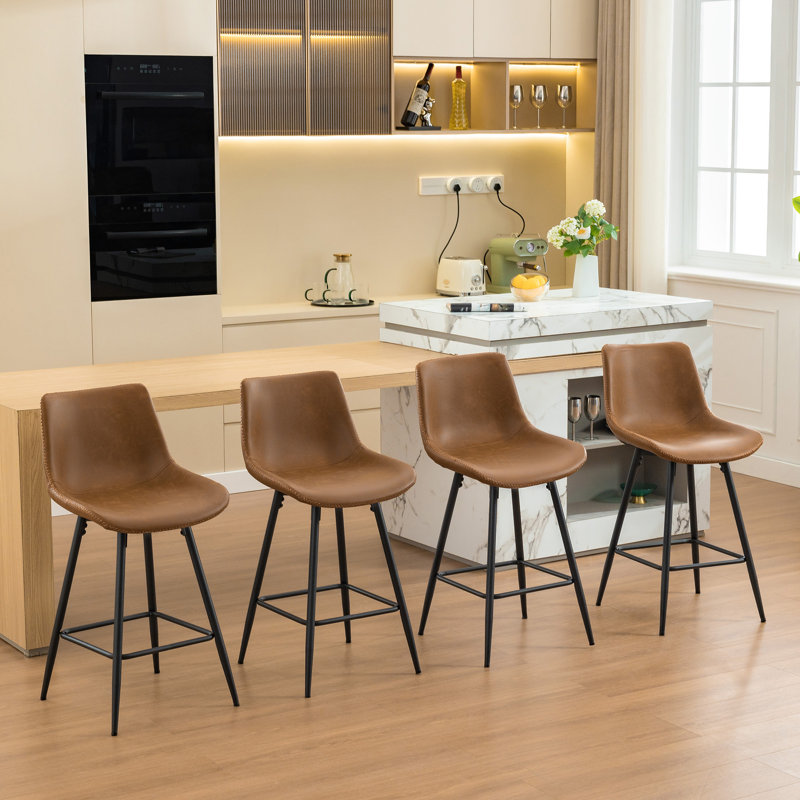 Faux Leather Modern Low Back Counter Stool, Whiskey Brown, Counter Stool (24" Seat Height), 4