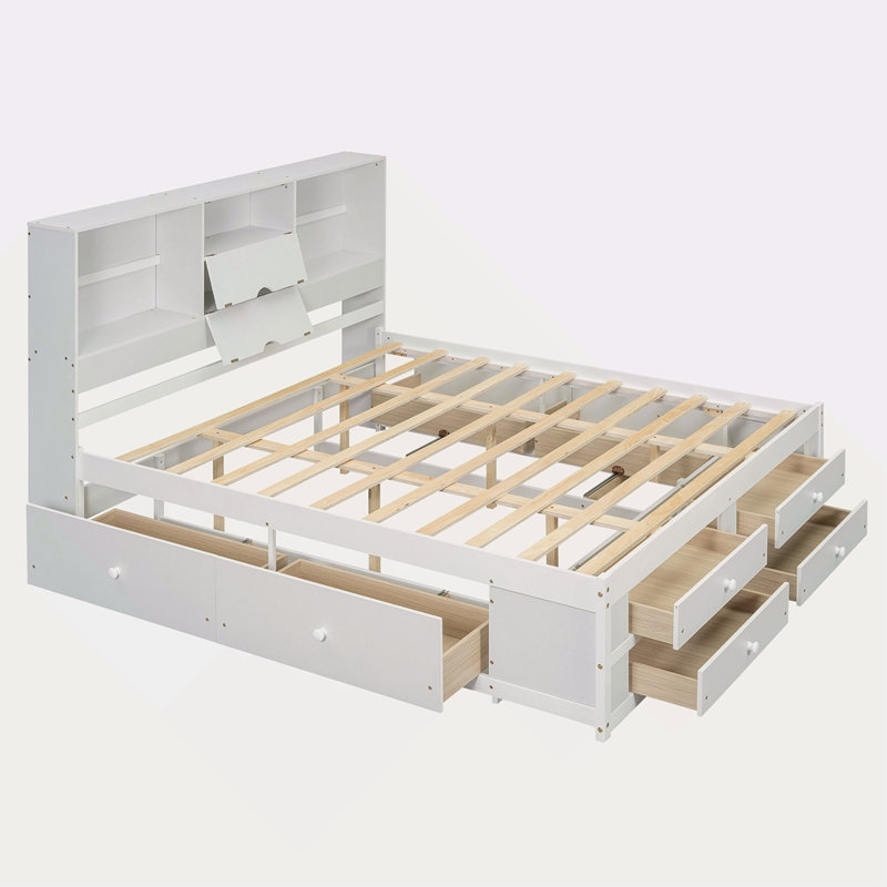 Lit plateforme avec tête de lit avec rangement et 8 tiroirs, Très grand lit, Blanc