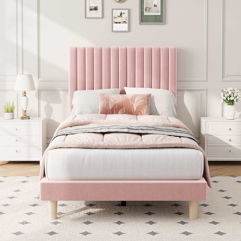 Twin Bed Frame with Adjustable Headboard, Velvet Upholstered Platform Twin Size Bed Frame, Vertical Channel Tufted, Strong Wooden Slats, No Box Spring Needed, Easy Assembly, Pink